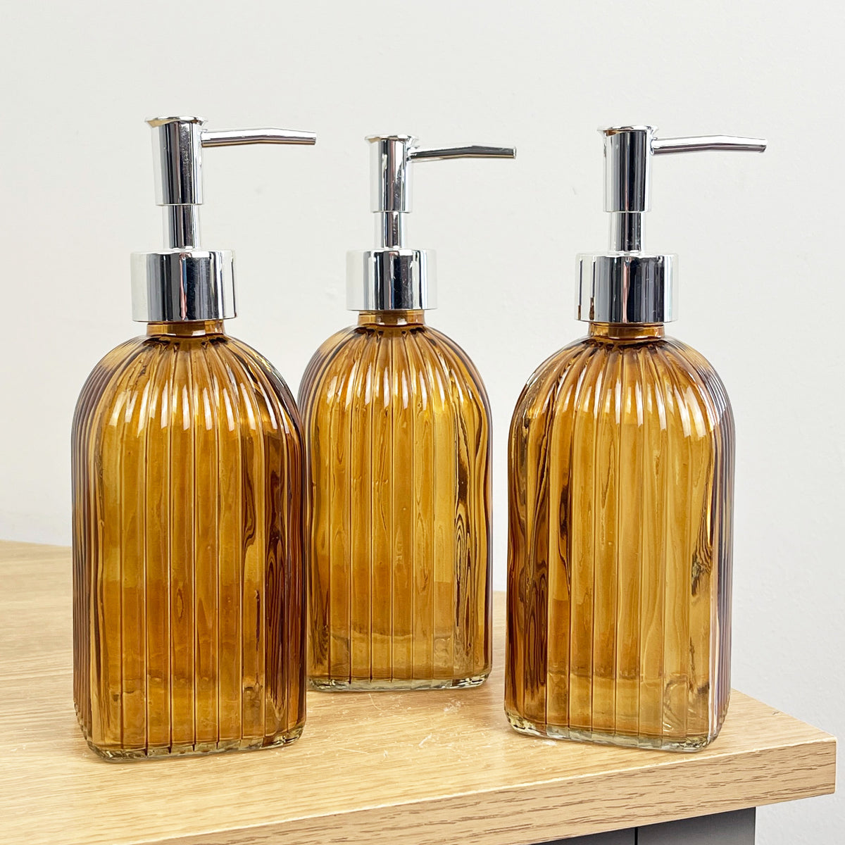 3 x 0.4 Litre Ribbed Glass Soap Dispenser with Pump - Amber