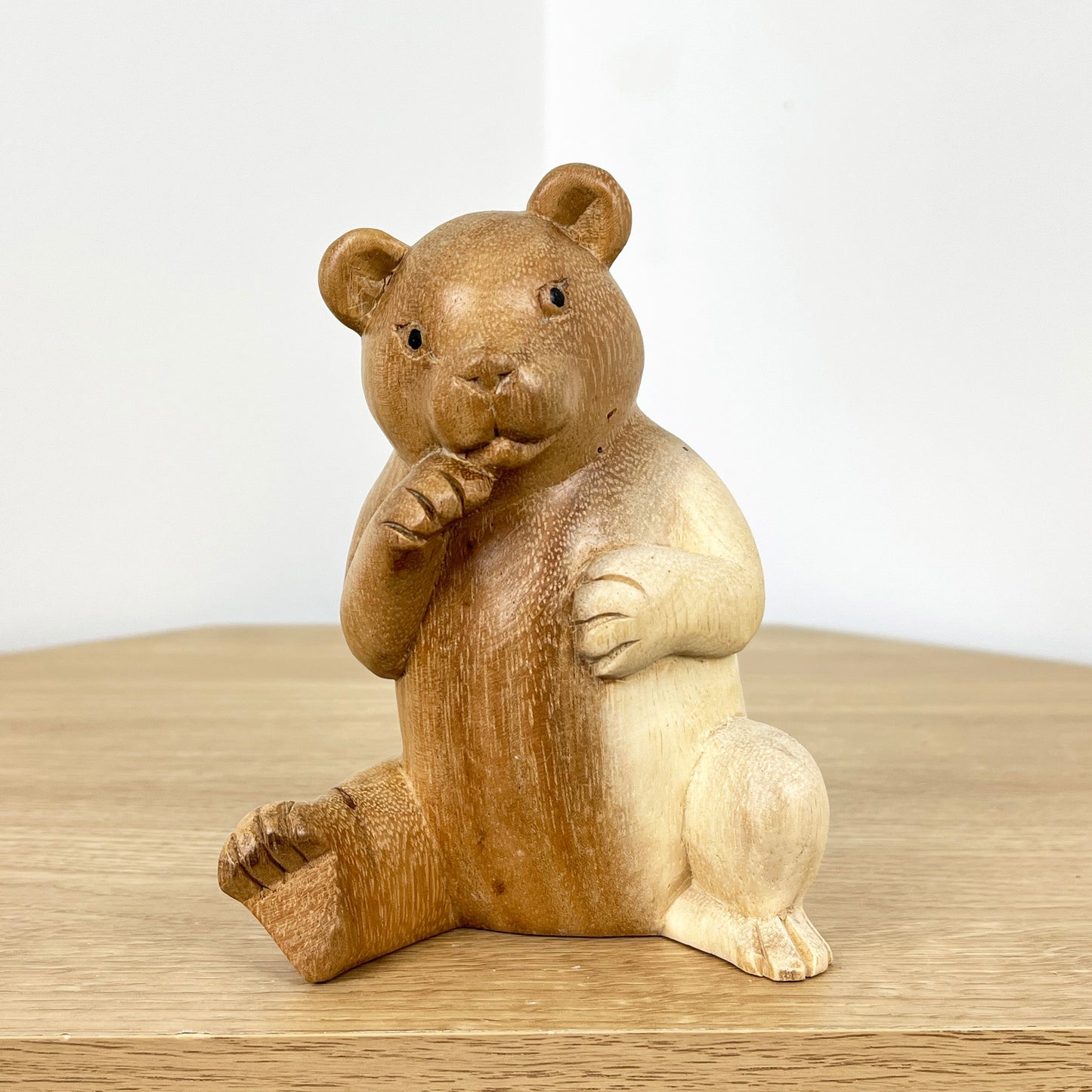 Hand Carved 15cm Shy Bear Wooden Ornament