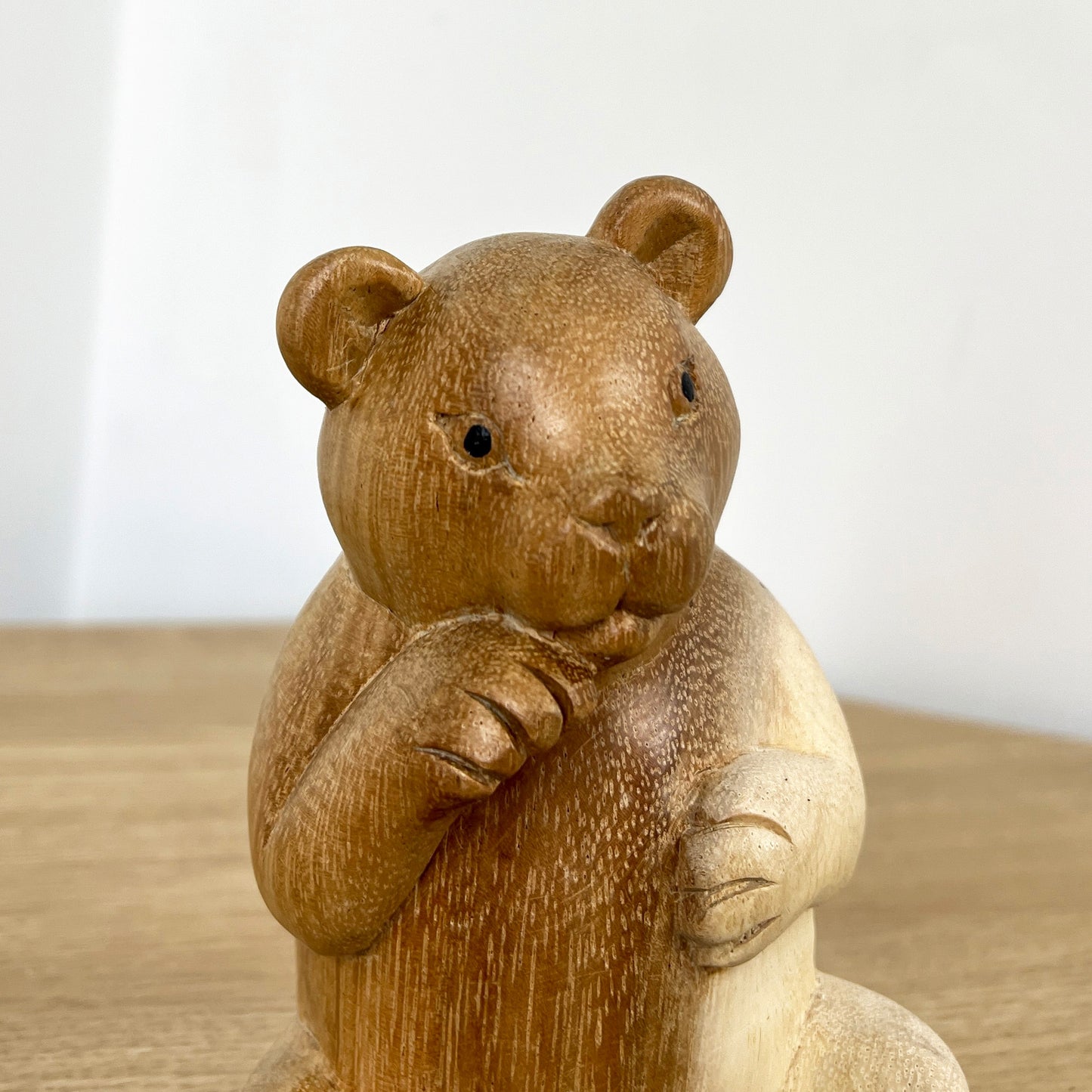 Hand Carved 15cm Shy Bear Wooden Ornament