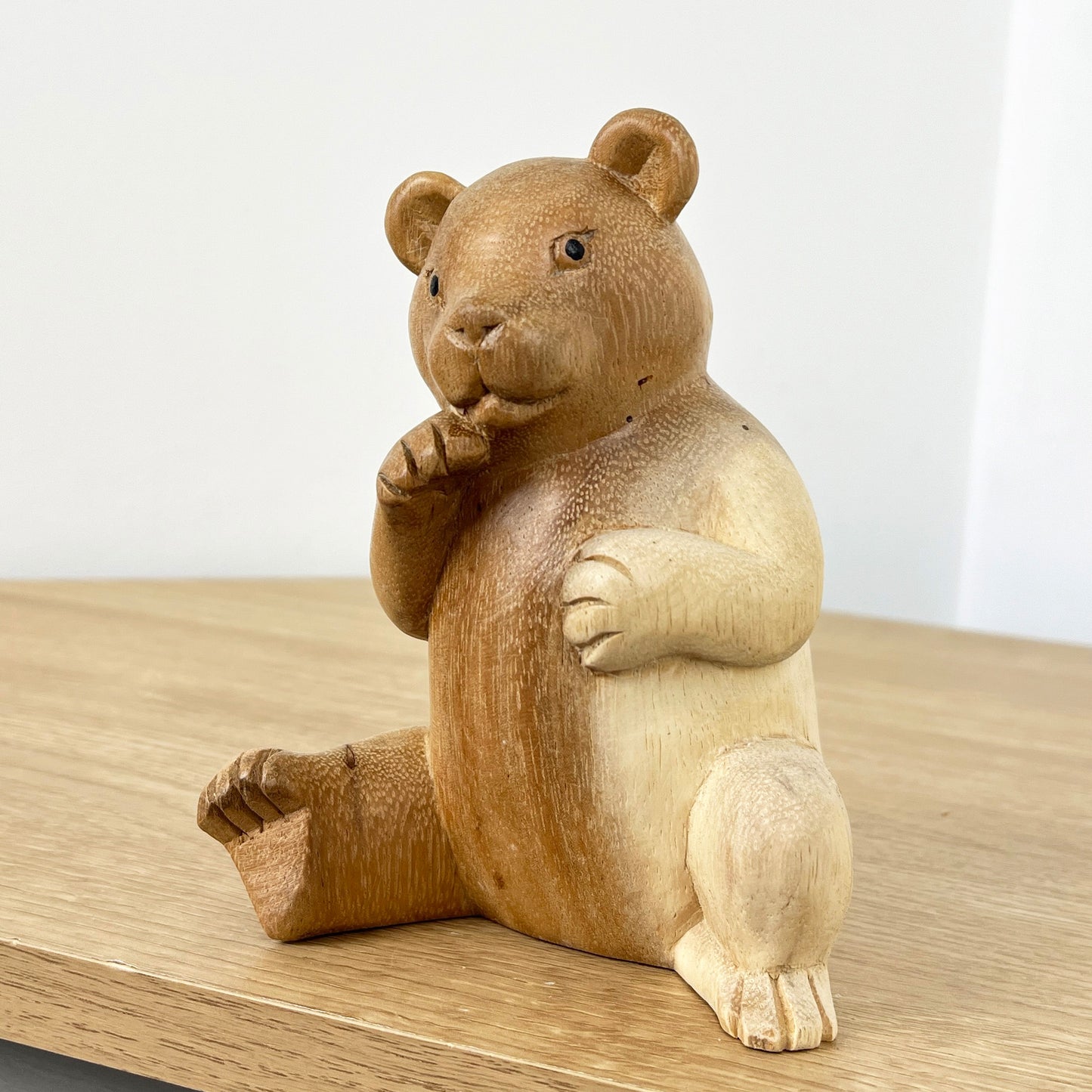 Hand Carved 15cm Shy Bear Wooden Ornament