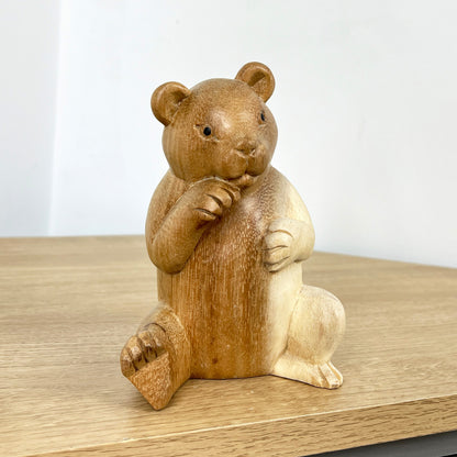 Hand Carved 15cm Shy Bear Wooden Ornament