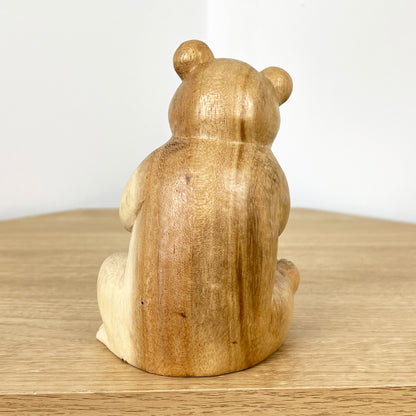 Hand Carved 15cm Shy Bear Wooden Ornament