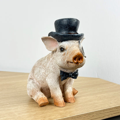 16cm Top Hat Pig Ornament - Resin