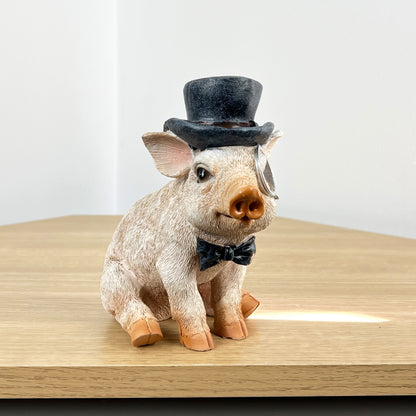 16cm Top Hat Pig Ornament - Resin