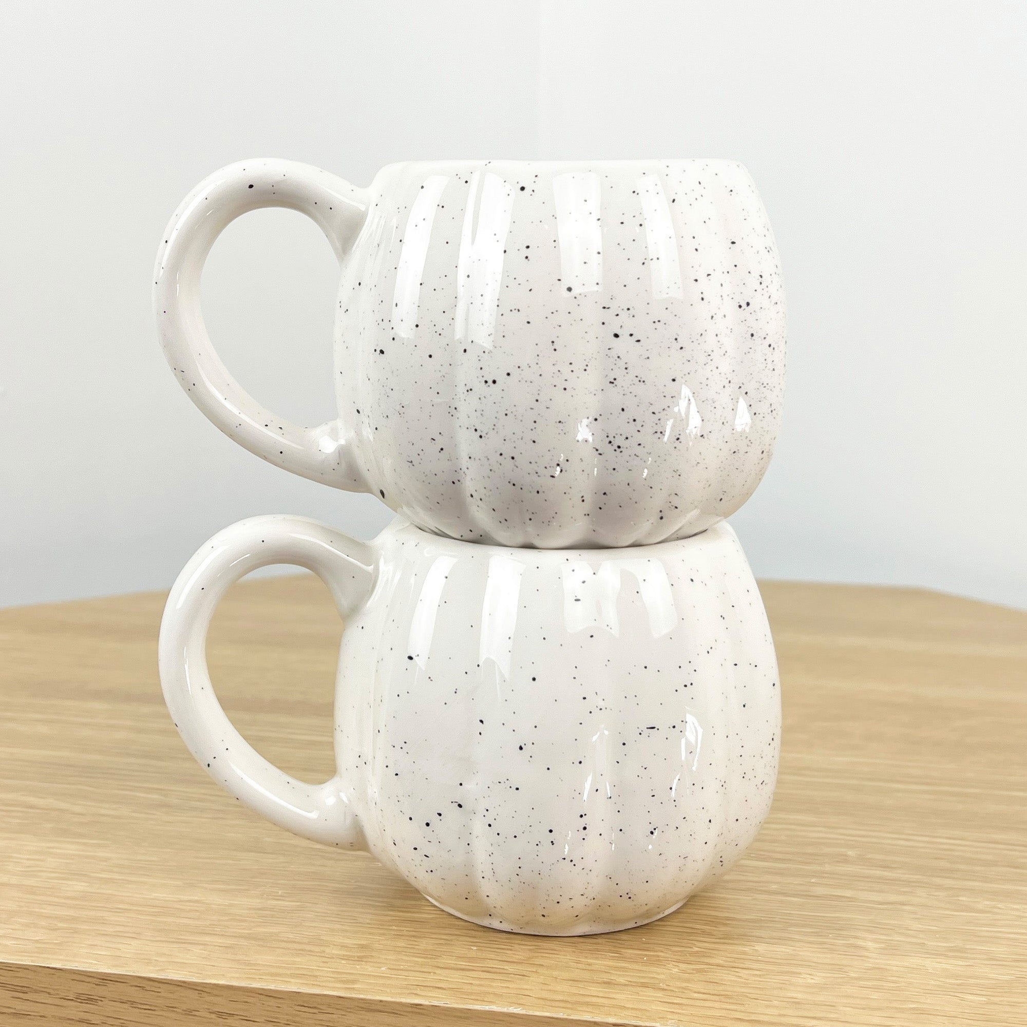 2 x Ceramic Pumpkin Mugs - Cream with Black Speckles