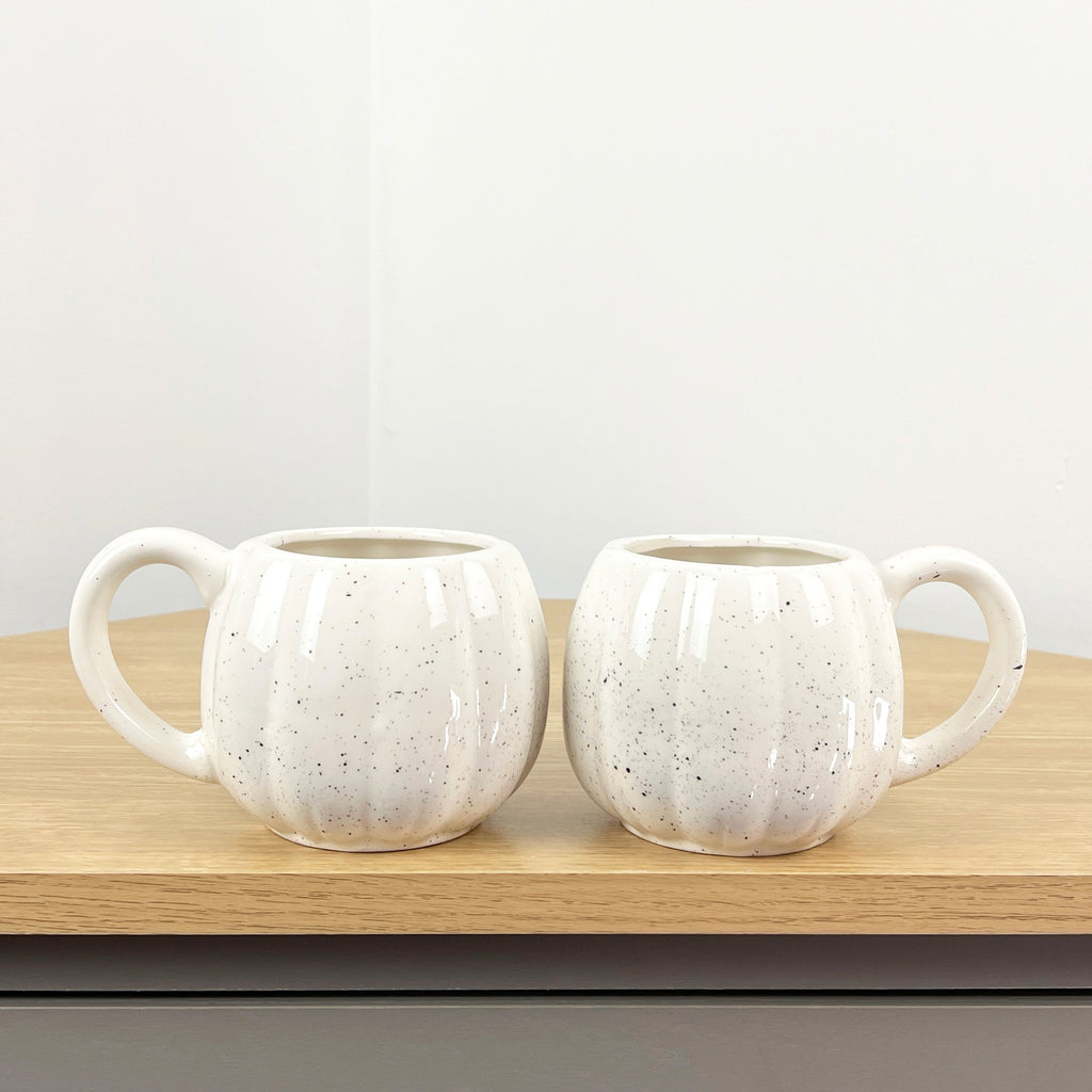 2 x Ceramic Pumpkin Mugs - Cream with Black Speckles