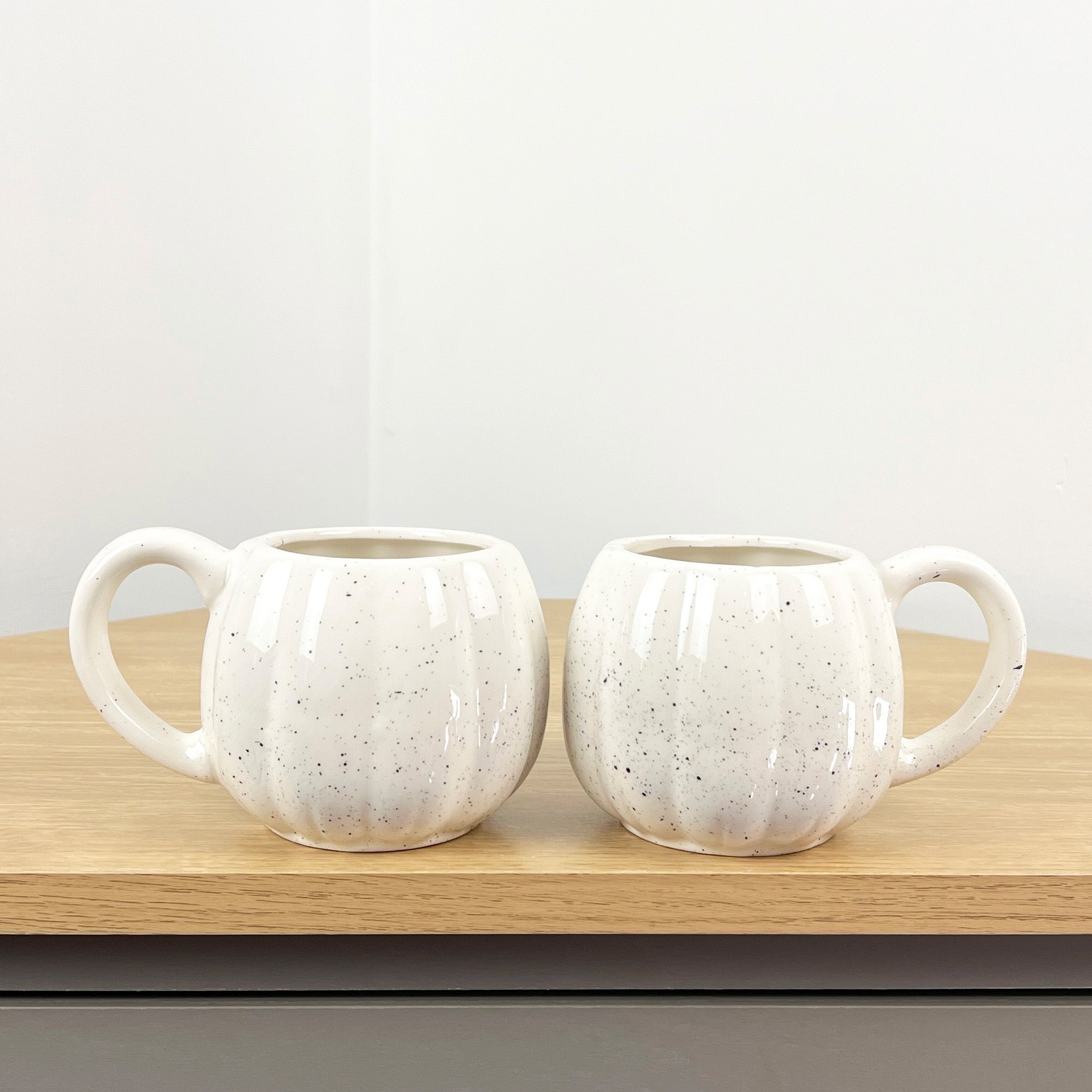 2 x Ceramic Pumpkin Mugs - Cream with Black Speckles
