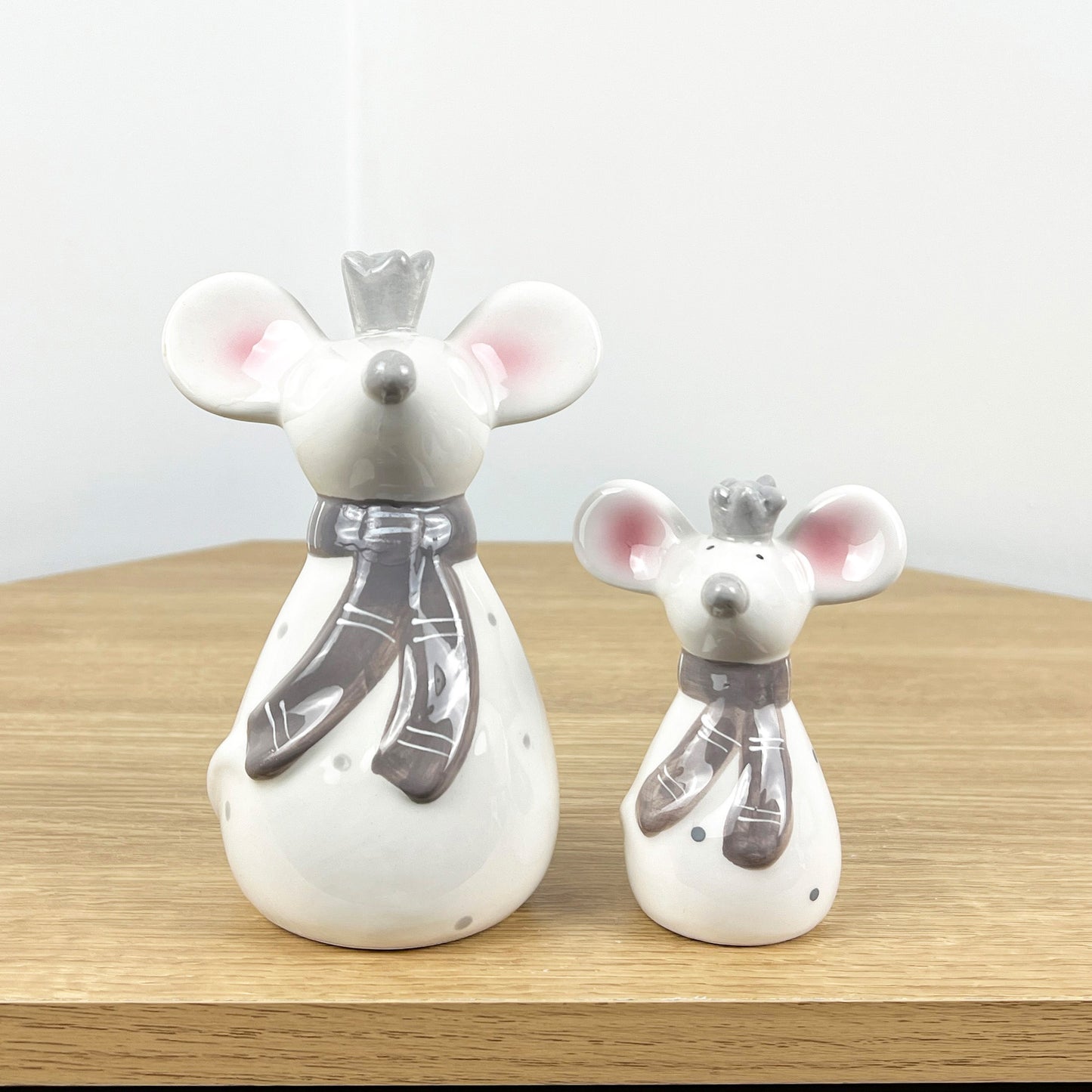 Pair of Mice Ornaments White with Grey Scarfs - Ceramic