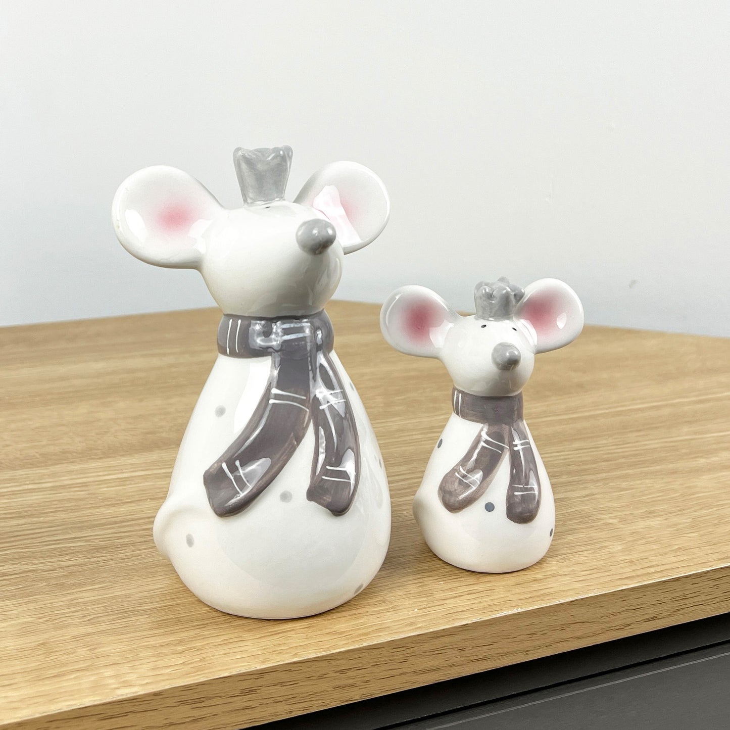 Pair of Mice Ornaments White with Grey Scarfs - Ceramic