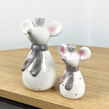 Pair of Mice Ornaments White with Grey Scarfs - Ceramic