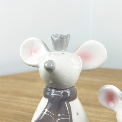 Pair of Mice Ornaments White with Grey Scarfs - Ceramic