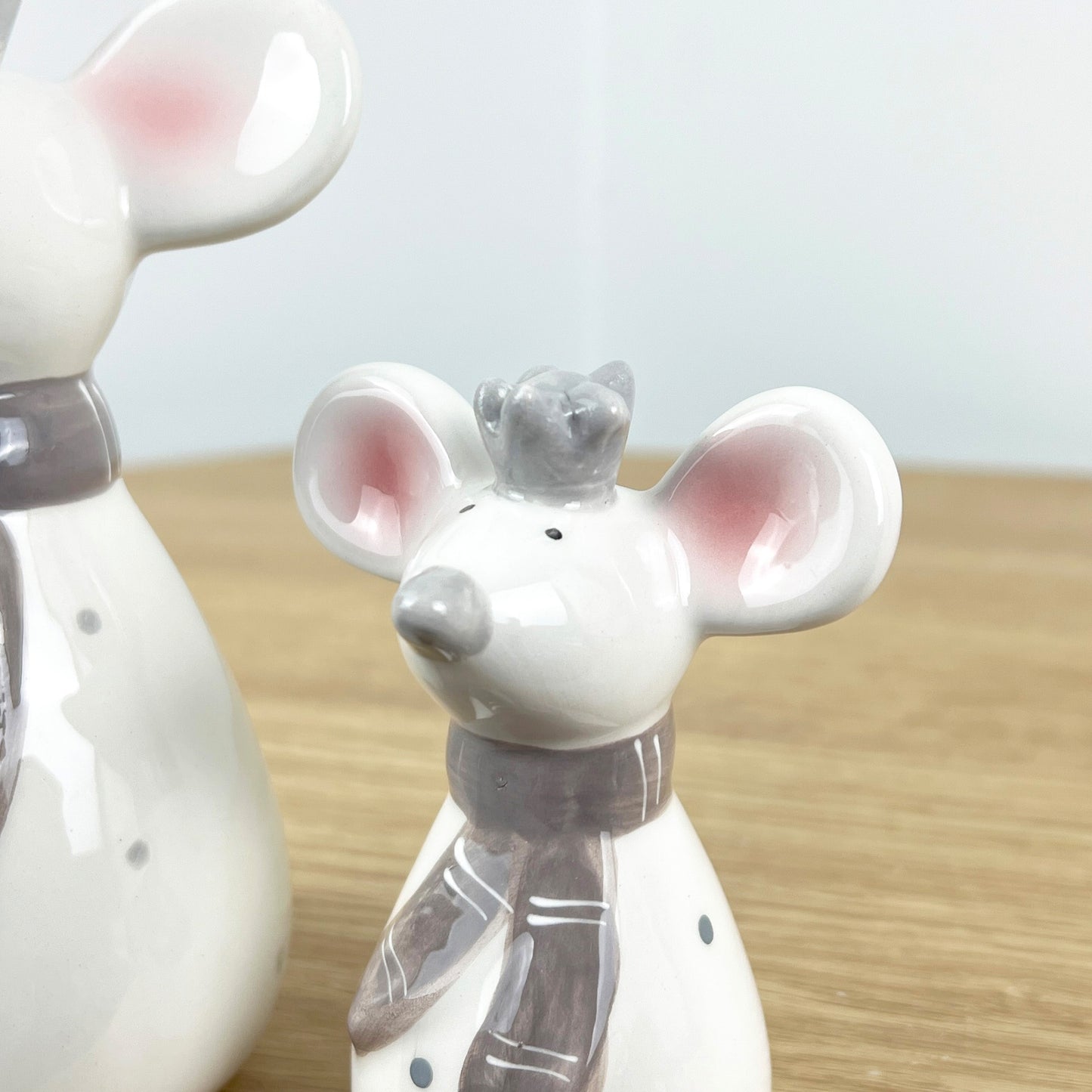 Pair of Mice Ornaments White with Grey Scarfs - Ceramic