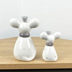 Pair of Mice Ornaments White with Grey Scarfs - Ceramic