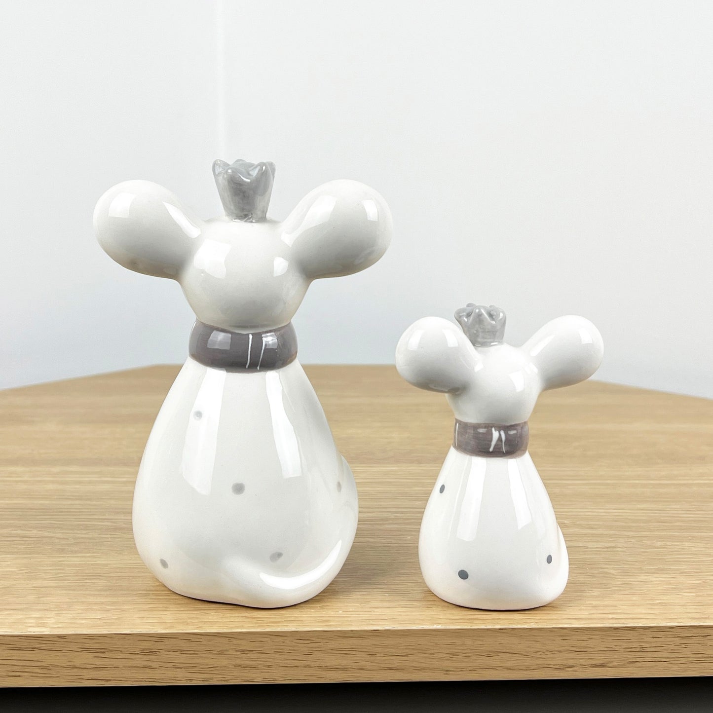 Pair of Mice Ornaments White with Grey Scarfs - Ceramic