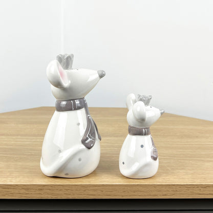 Pair of Mice Ornaments White with Grey Scarfs - Ceramic