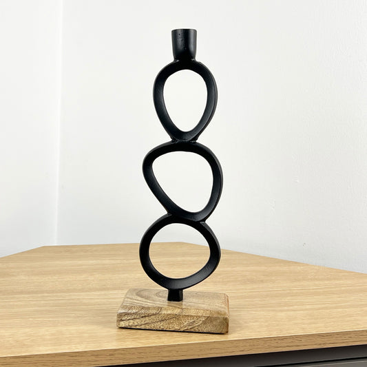 34cm Abstract Candle Holder on Wood- Black