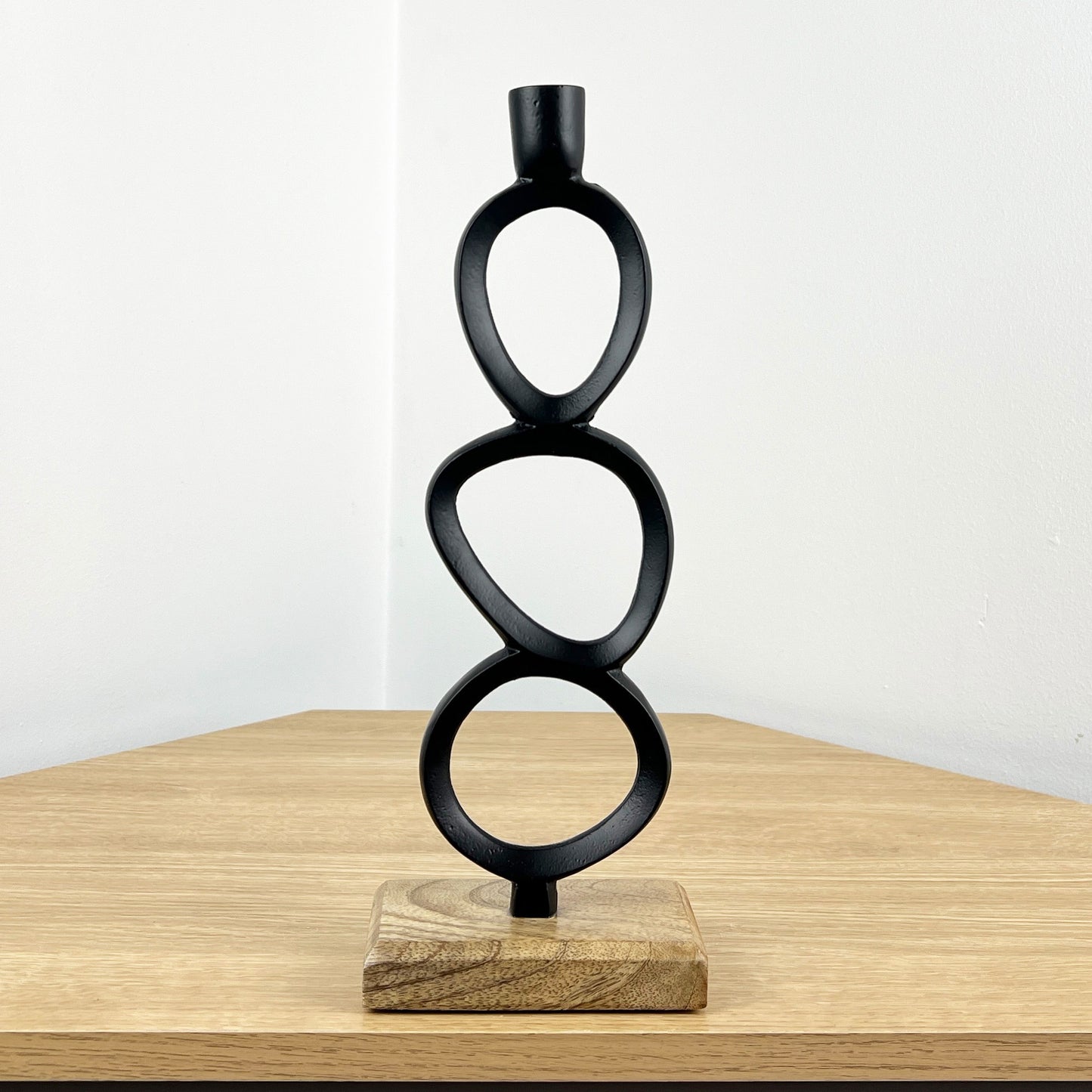 34cm Abstract Candle Holder on Wood- Black