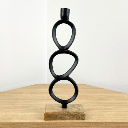 34cm Abstract Candle Holder on Wood- Black