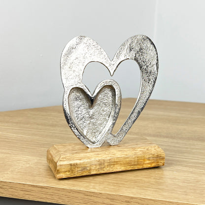 15cm Tall Metal Hearts Ornament on Wood