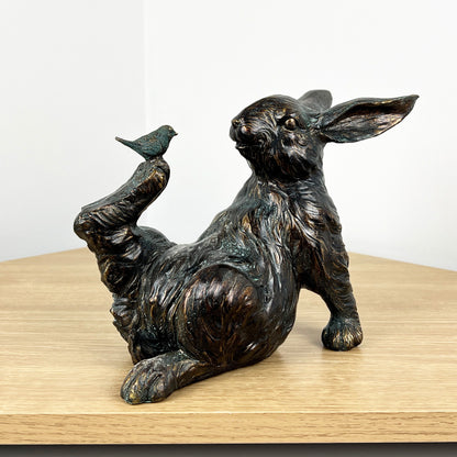 Rabbit with Bird on Foot Ornament - Resin