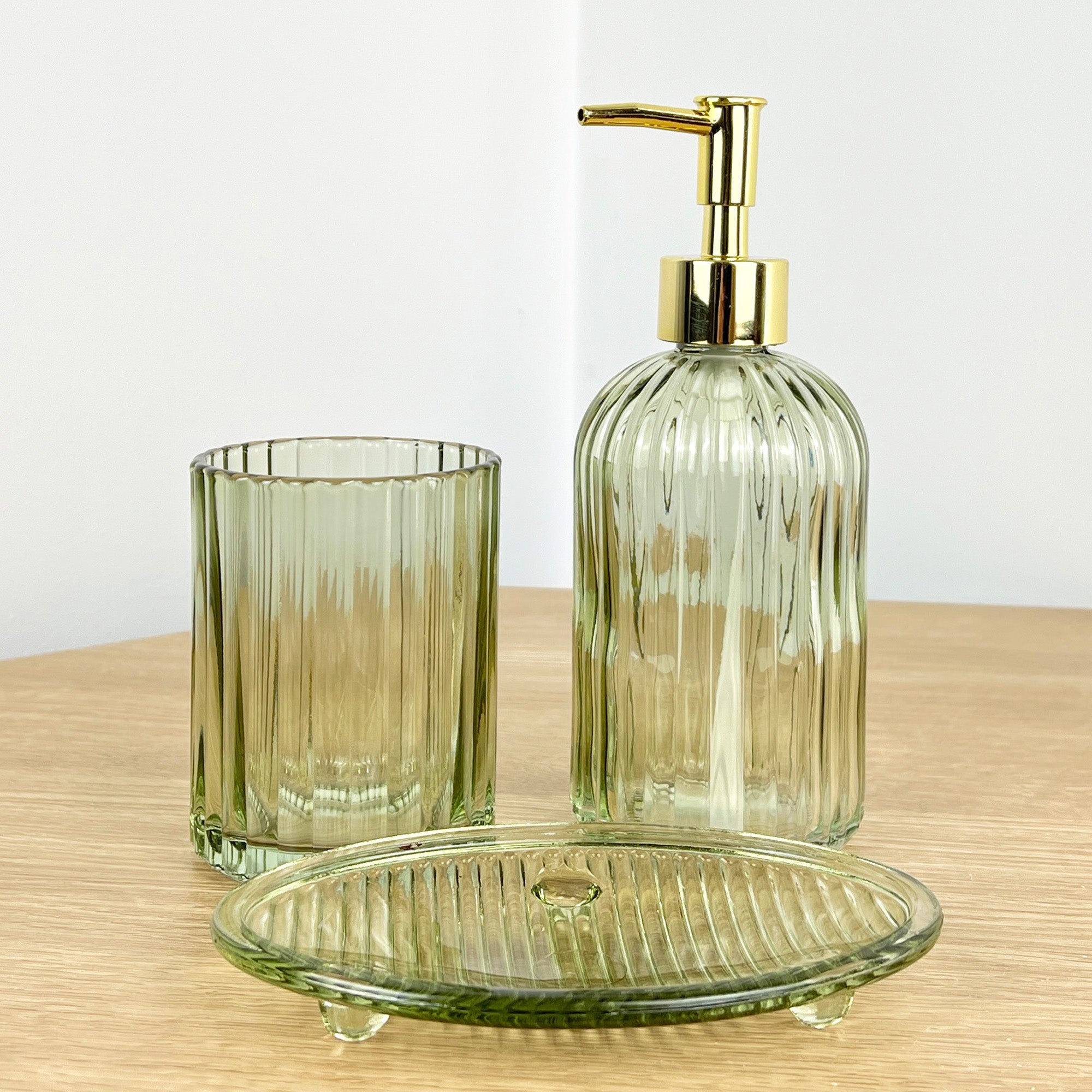 3 Piece Ribbed Glass Bathroom Sink Accessories Set - Green