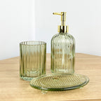 3 Piece Ribbed Glass Bathroom Sink Accessories Set - Green