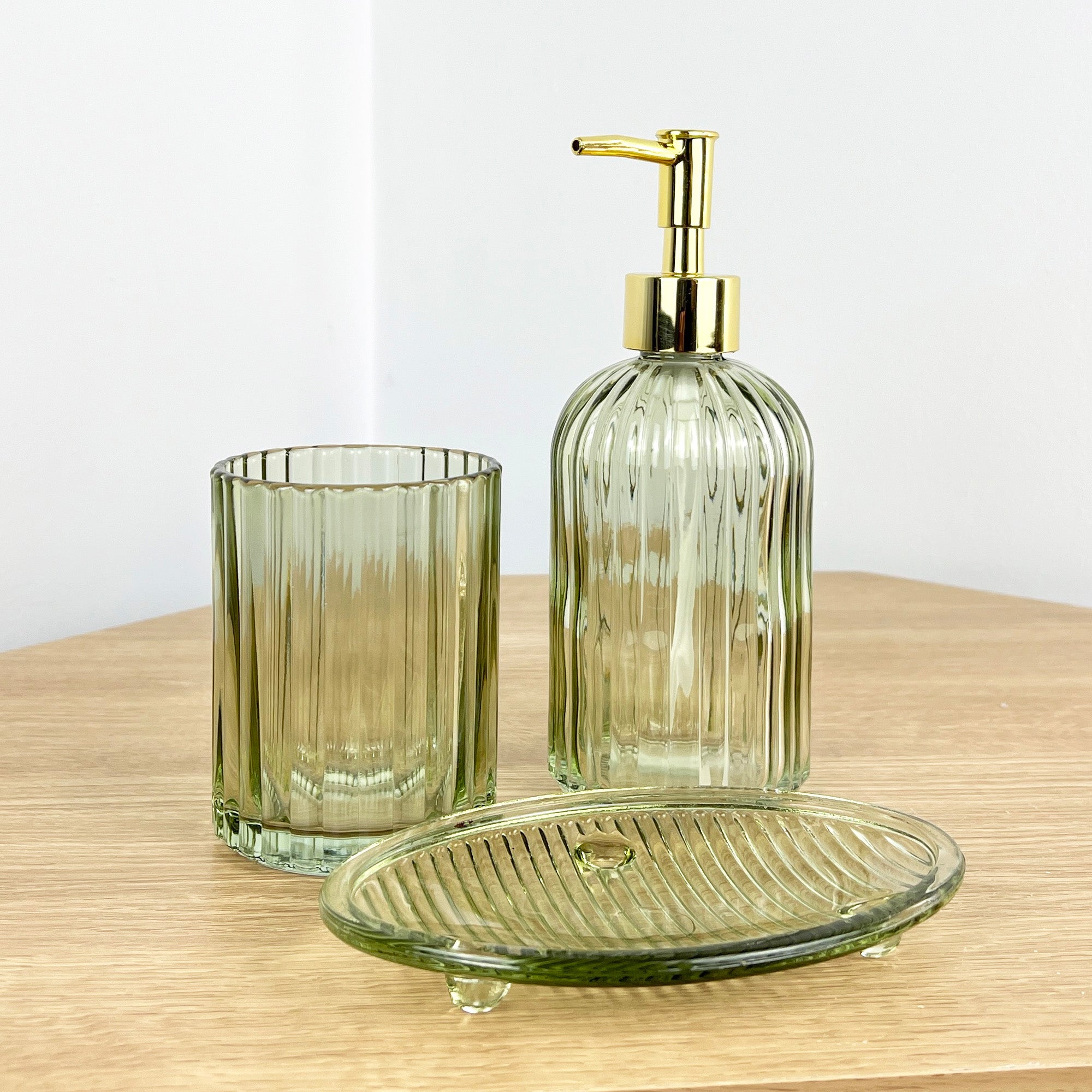 3 Piece Ribbed Glass Bathroom Sink Accessories Set - Green