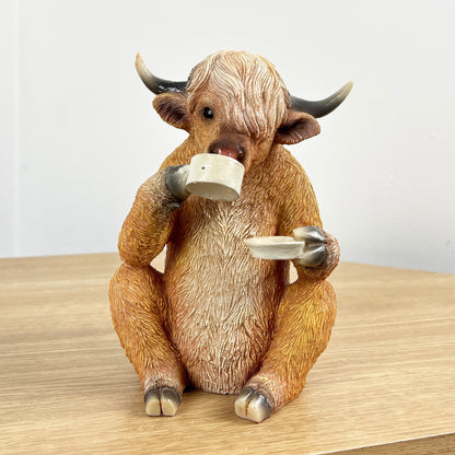 Tea Drinking Highland Cow Ornament - Resin