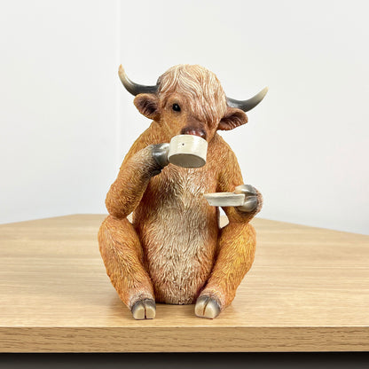 Tea Drinking Highland Cow Ornament - Resin