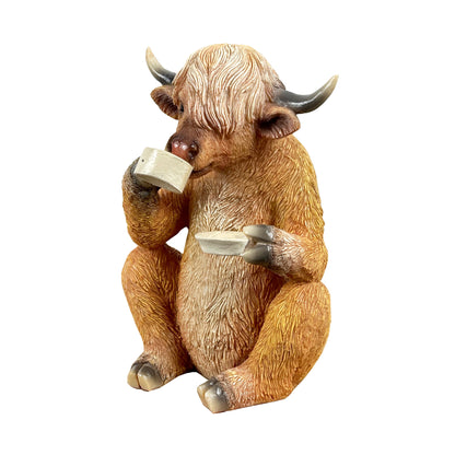 Tea Drinking Highland Cow Ornament - Resin