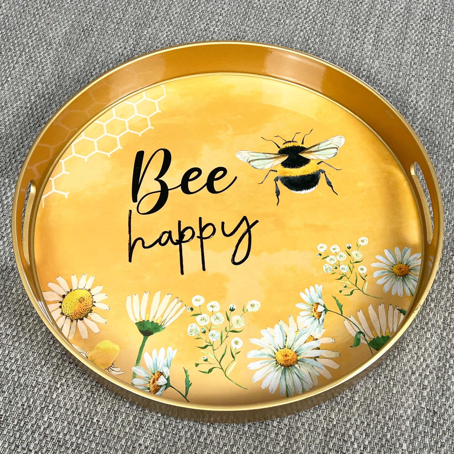 'Bee Happy' 33cm Round Tray with Handles - Plastic