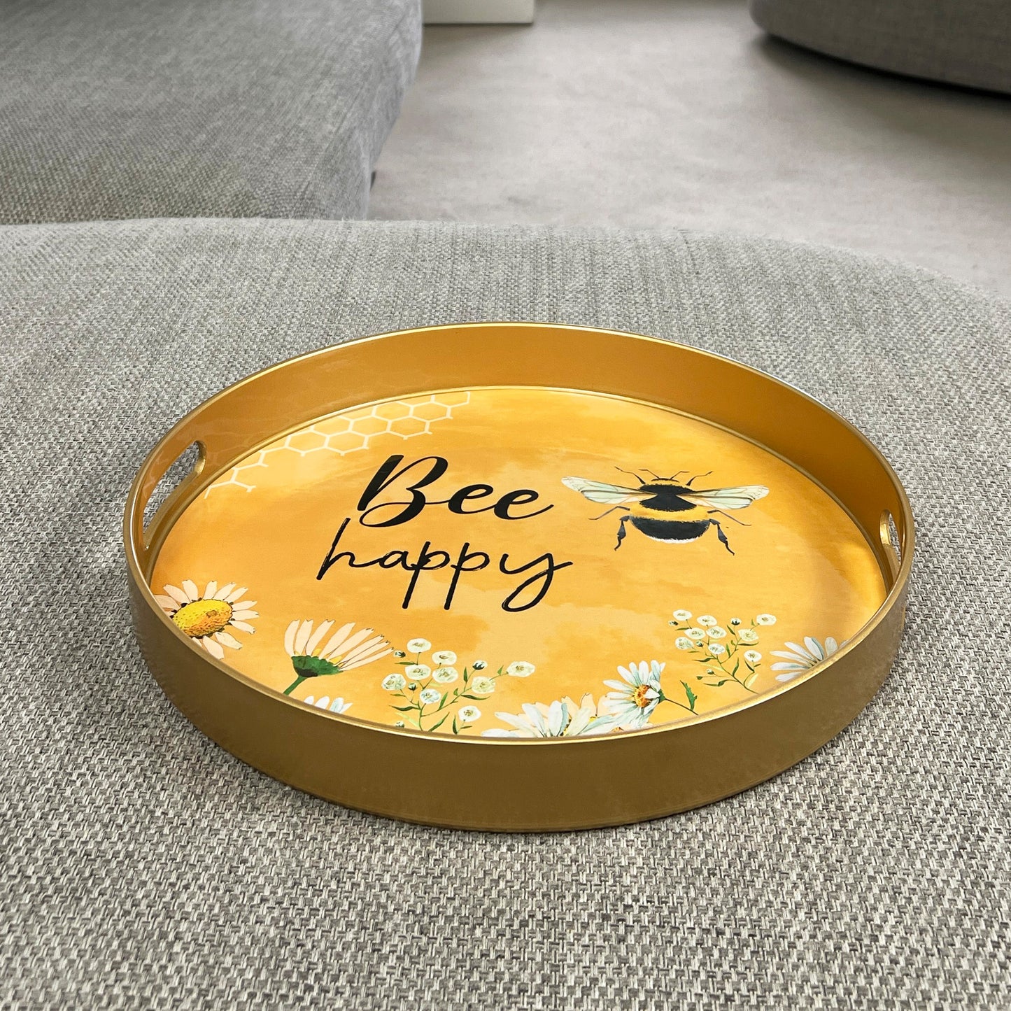 'Bee Happy' 33cm Round Tray with Handles - Plastic