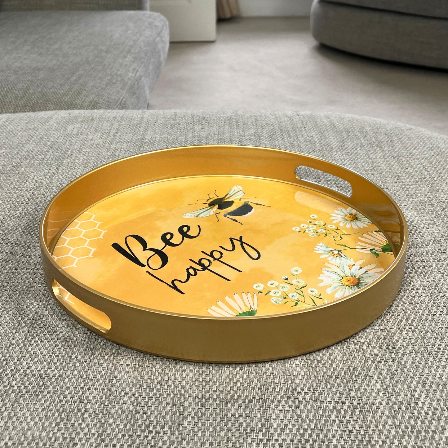 'Bee Happy' 33cm Round Tray with Handles - Plastic