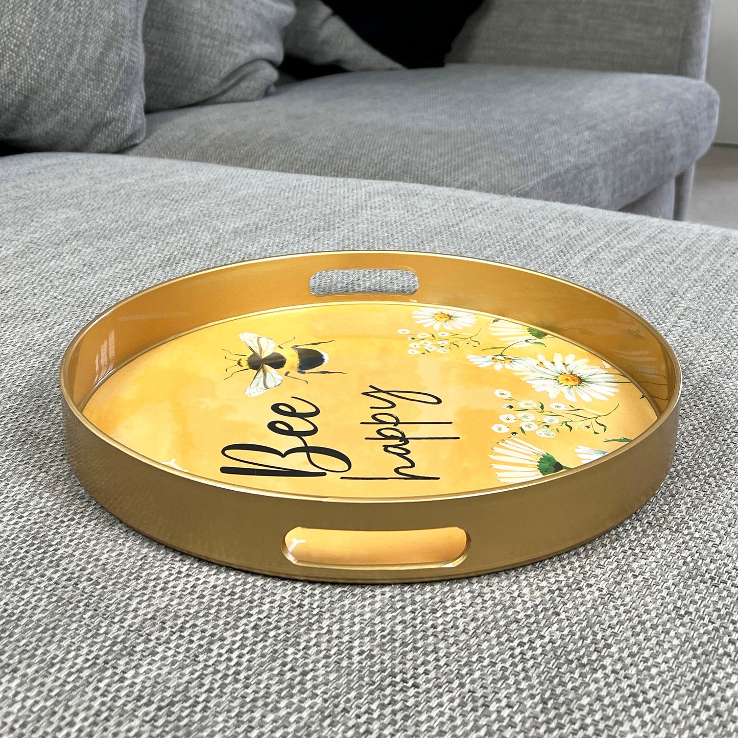 'Bee Happy' 33cm Round Tray with Handles - Plastic