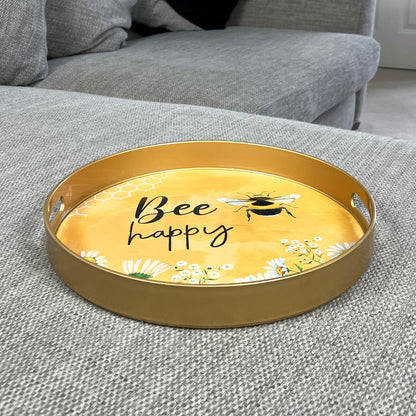 'Bee Happy' 33cm Round Tray with Handles - Plastic