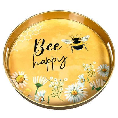 'Bee Happy' 33cm Round Tray with Handles - Plastic