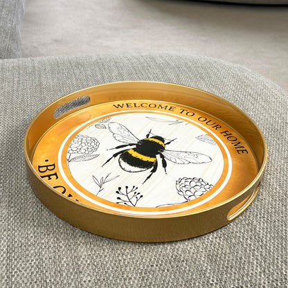 Bee Themed 33cm Round Tray with Handles - Plastic