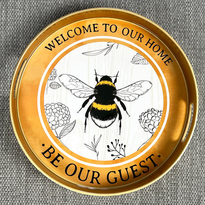 Bee Themed 33cm Round Tray with Handles - Plastic