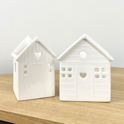 Pair of Decorative Tea Light Candle Holders - Beach Huts