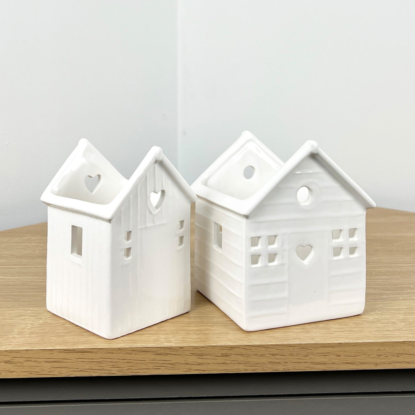 Pair of Decorative Tea Light Candle Holders - Beach Huts