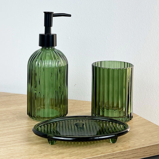 3 Piece Ribbed Glass Bathroom Sink Accessories Set - Dark Green