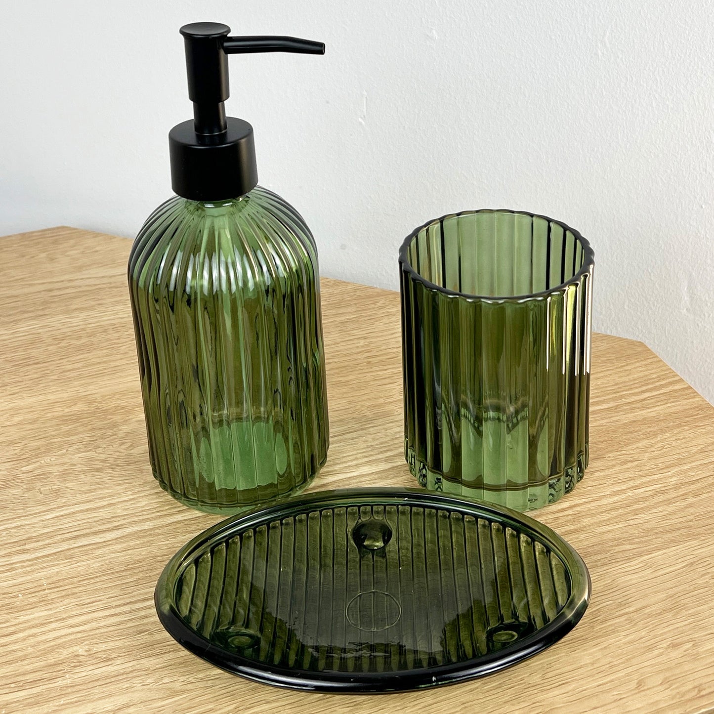 3 Piece Ribbed Glass Bathroom Sink Accessories Set - Dark Green