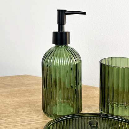 3 Piece Ribbed Glass Bathroom Sink Accessories Set - Dark Green