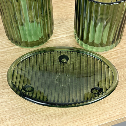 3 Piece Ribbed Glass Bathroom Sink Accessories Set - Dark Green