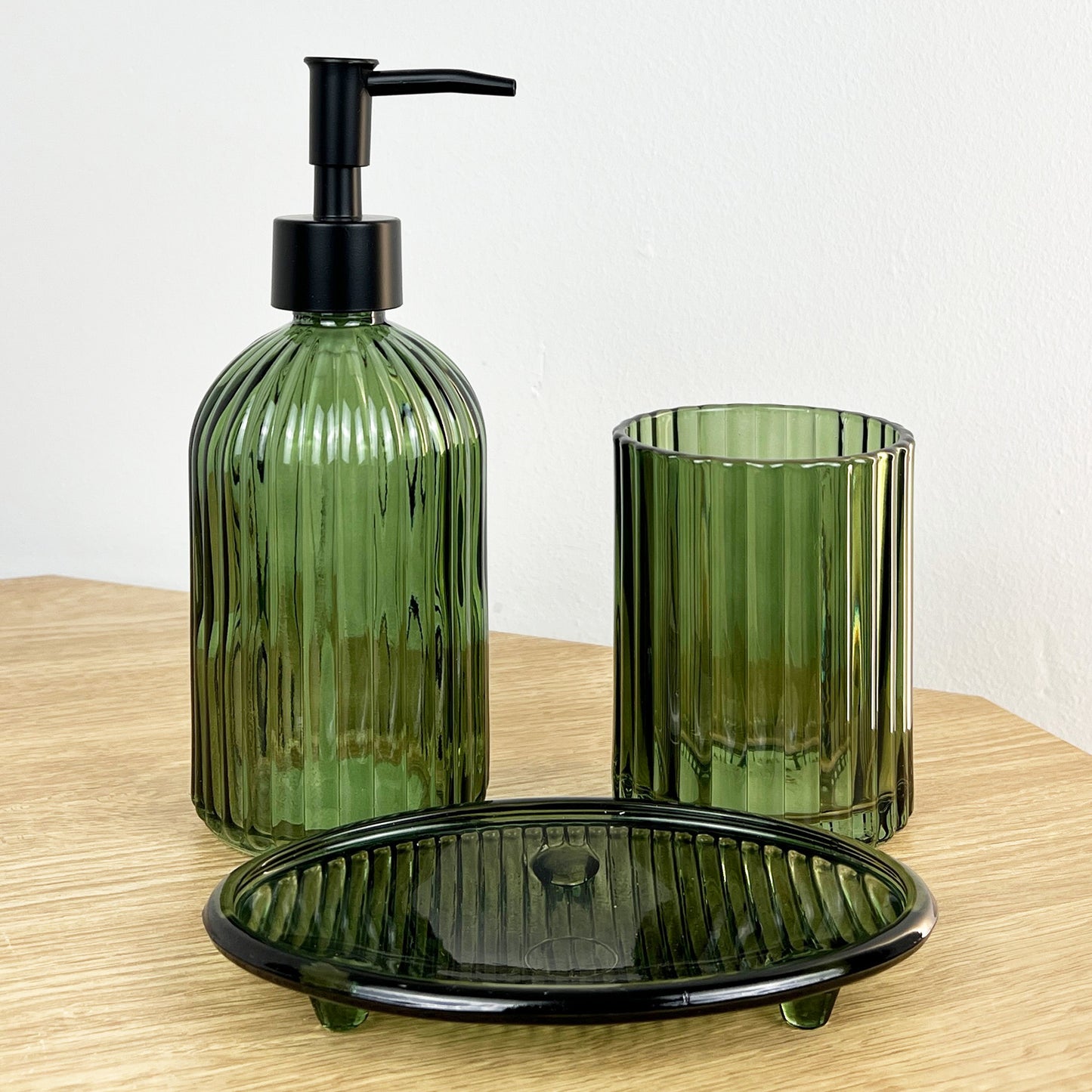 3 Piece Ribbed Glass Bathroom Sink Accessories Set - Dark Green