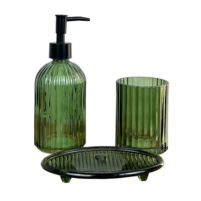 3 Piece Ribbed Glass Bathroom Sink Accessories Set - Dark Green