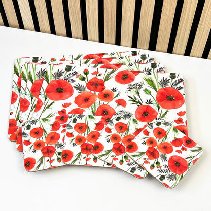 Set of 4 Placemats and Coasters - Floral Poppy Design