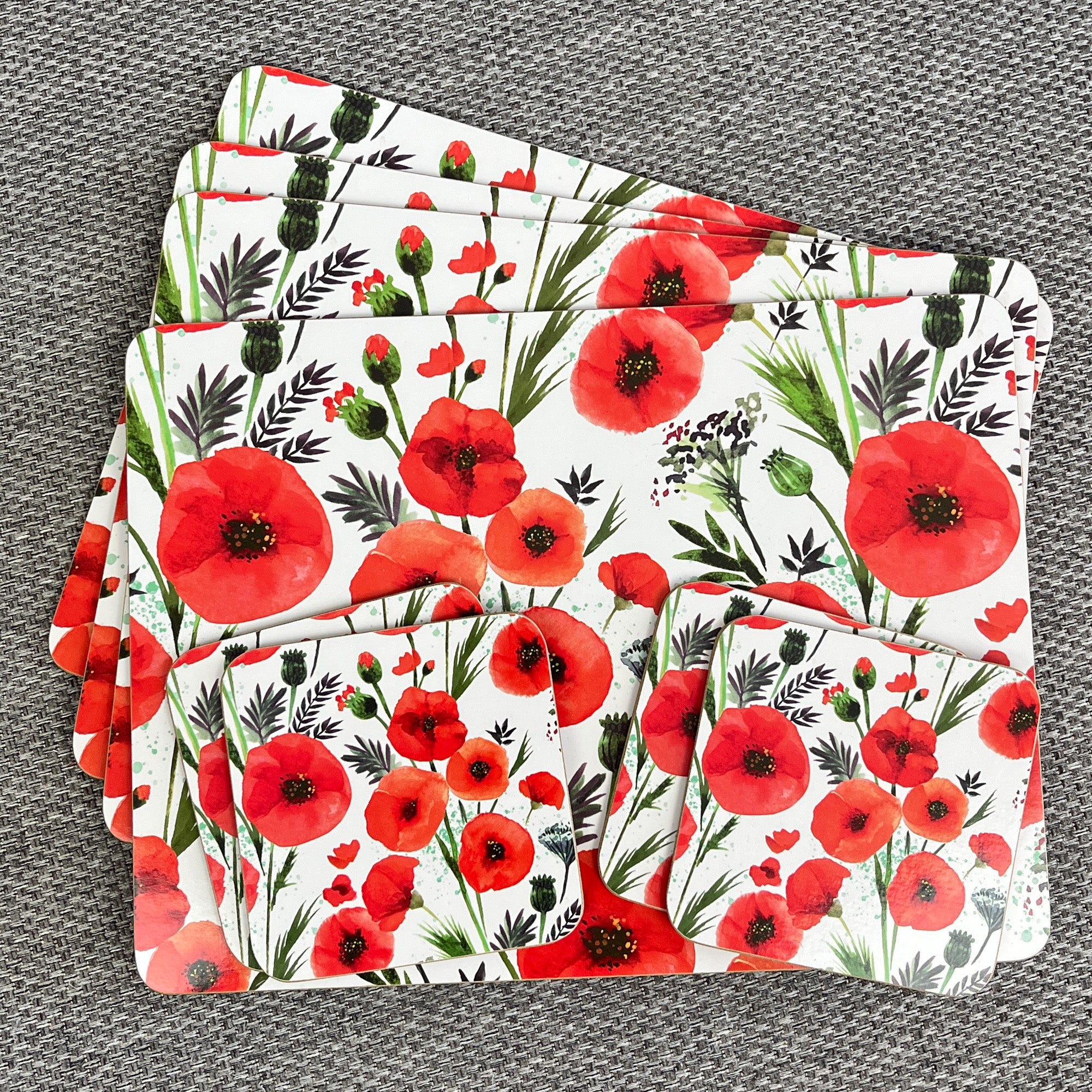 Set of 4 Placemats and Coasters - Floral Poppy Design