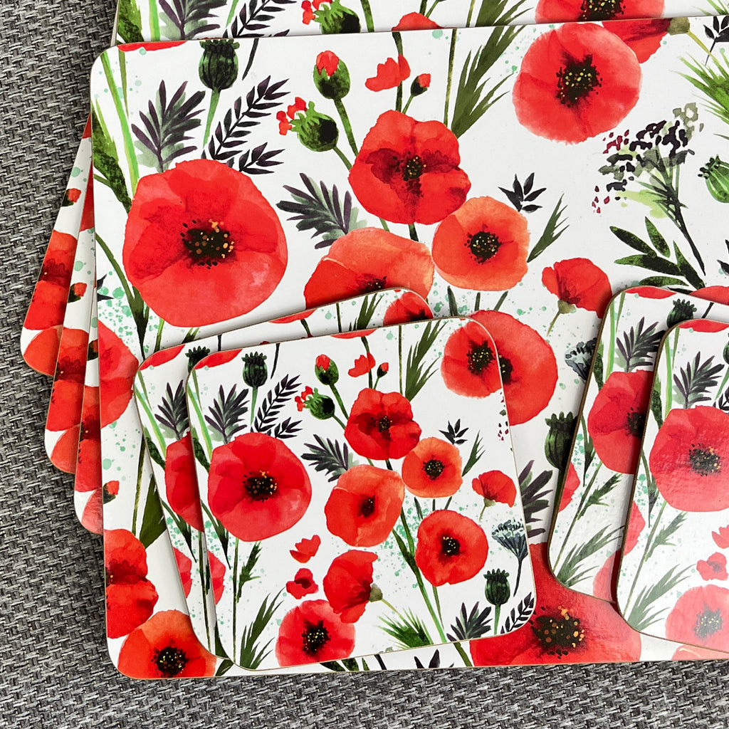 Set of 4 Placemats and Coasters - Floral Poppy Design