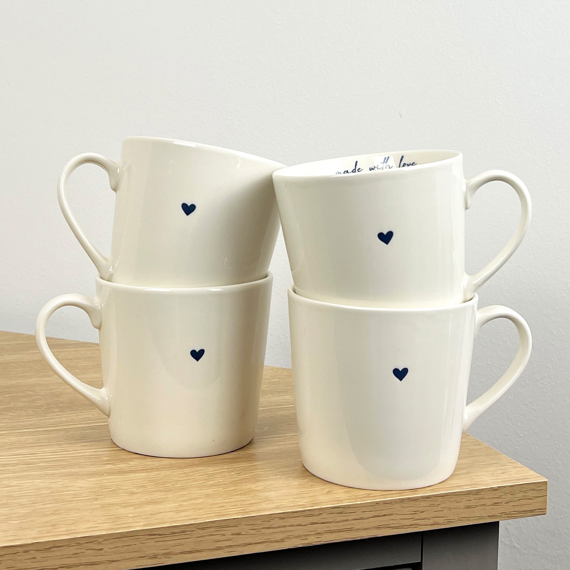 Set of 4 Cream 'Made with Love' 💙 Heart Mugs